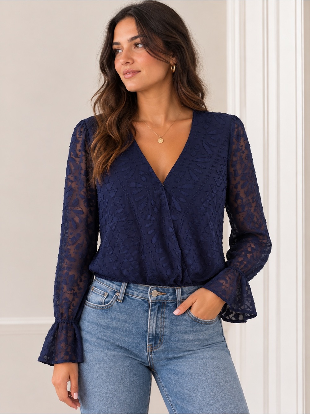 Blue Rain Women’s Navy Textured Wrap Front Long Sleeve Blouse. Size: Medium
